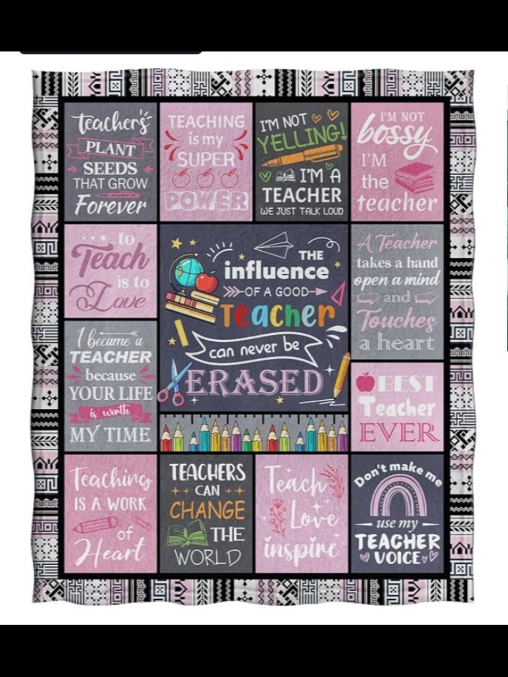 NWOT Teacher Inspirational Patchwork Throw - Pink & Black